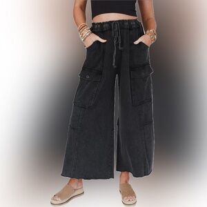 Three Bird Nest Game On Wide Leg Cargo Terry Washed Charcoal Drawstring Pants XL